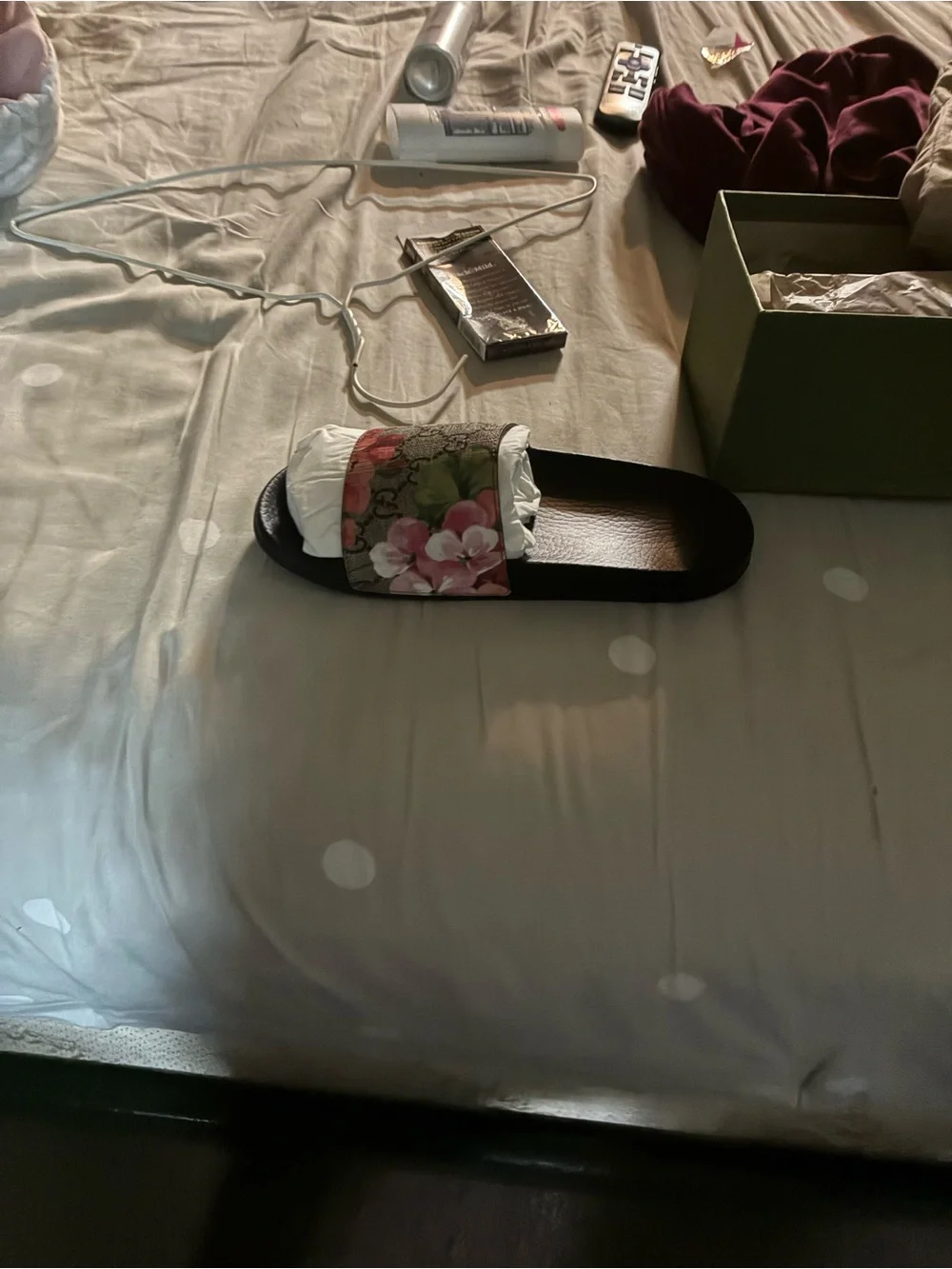 Gucci Brown Monogram Floral Slide with Pink and Green Accents